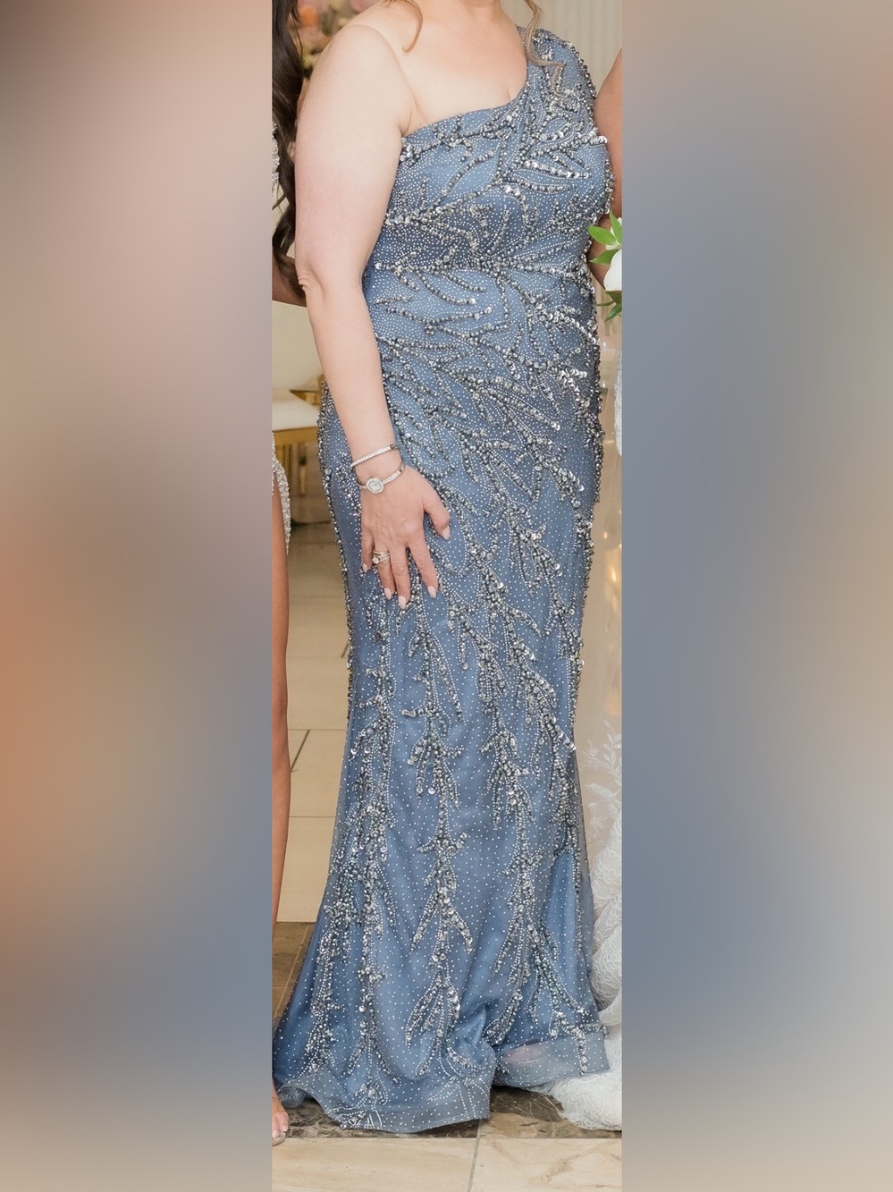 Embellished Blue One Shoulder Evening Gown